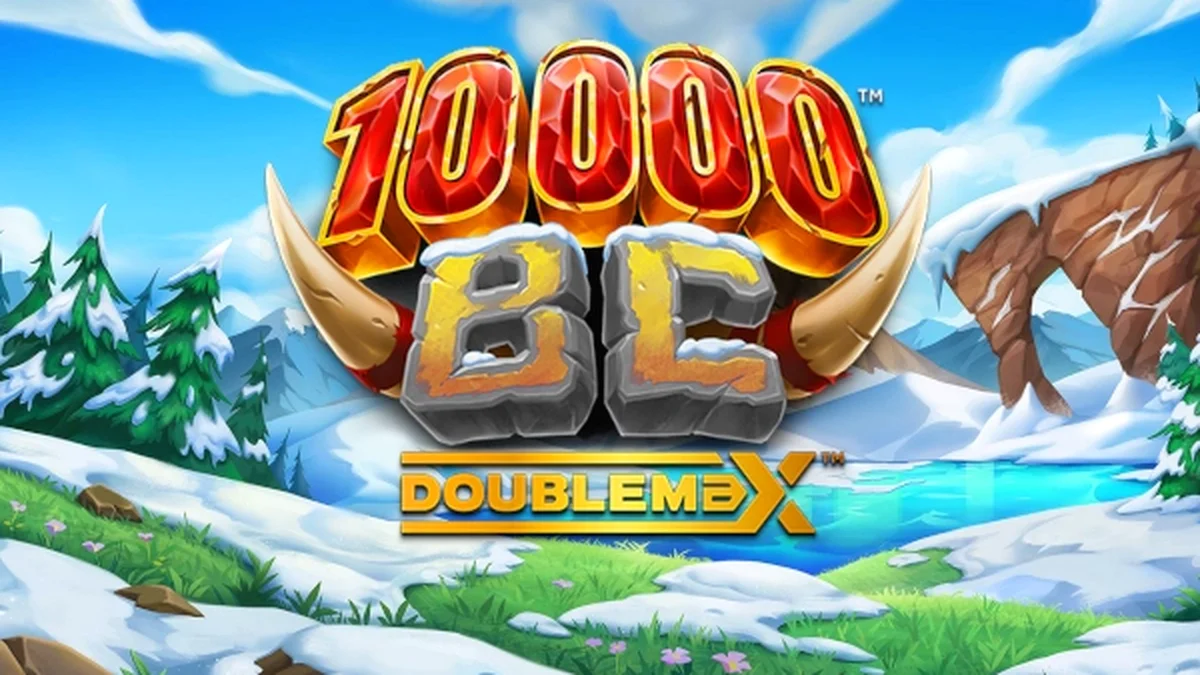 Cenário pré-histórico vibrante com montanhas nevadas e símbolos de animais no slot 10000 BC DoubleMax