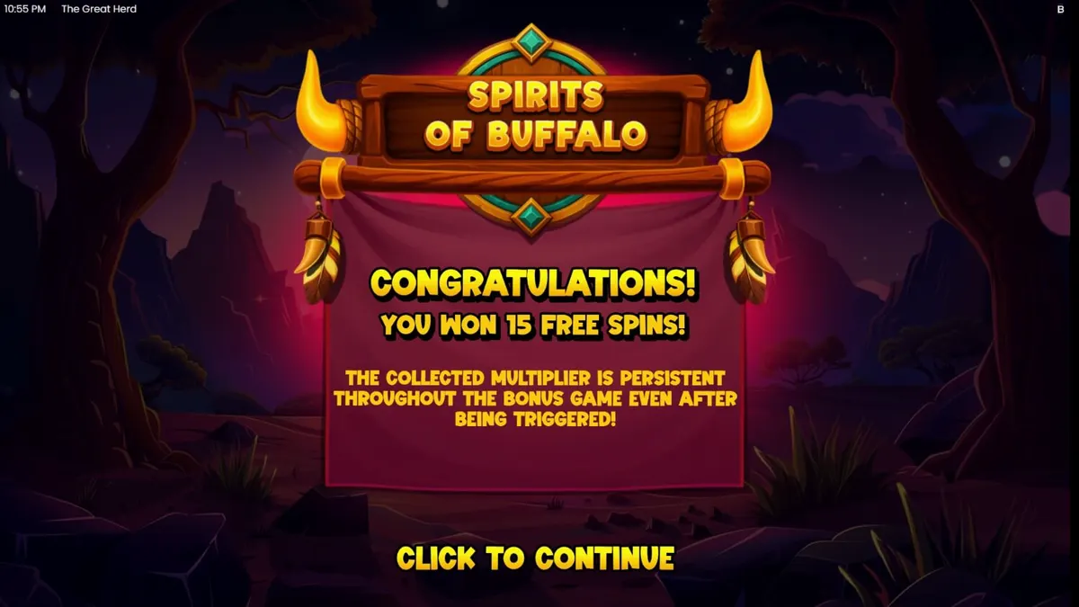 Cenário de savana africana com búfalos e elementos temáticos do slot The Great Herd